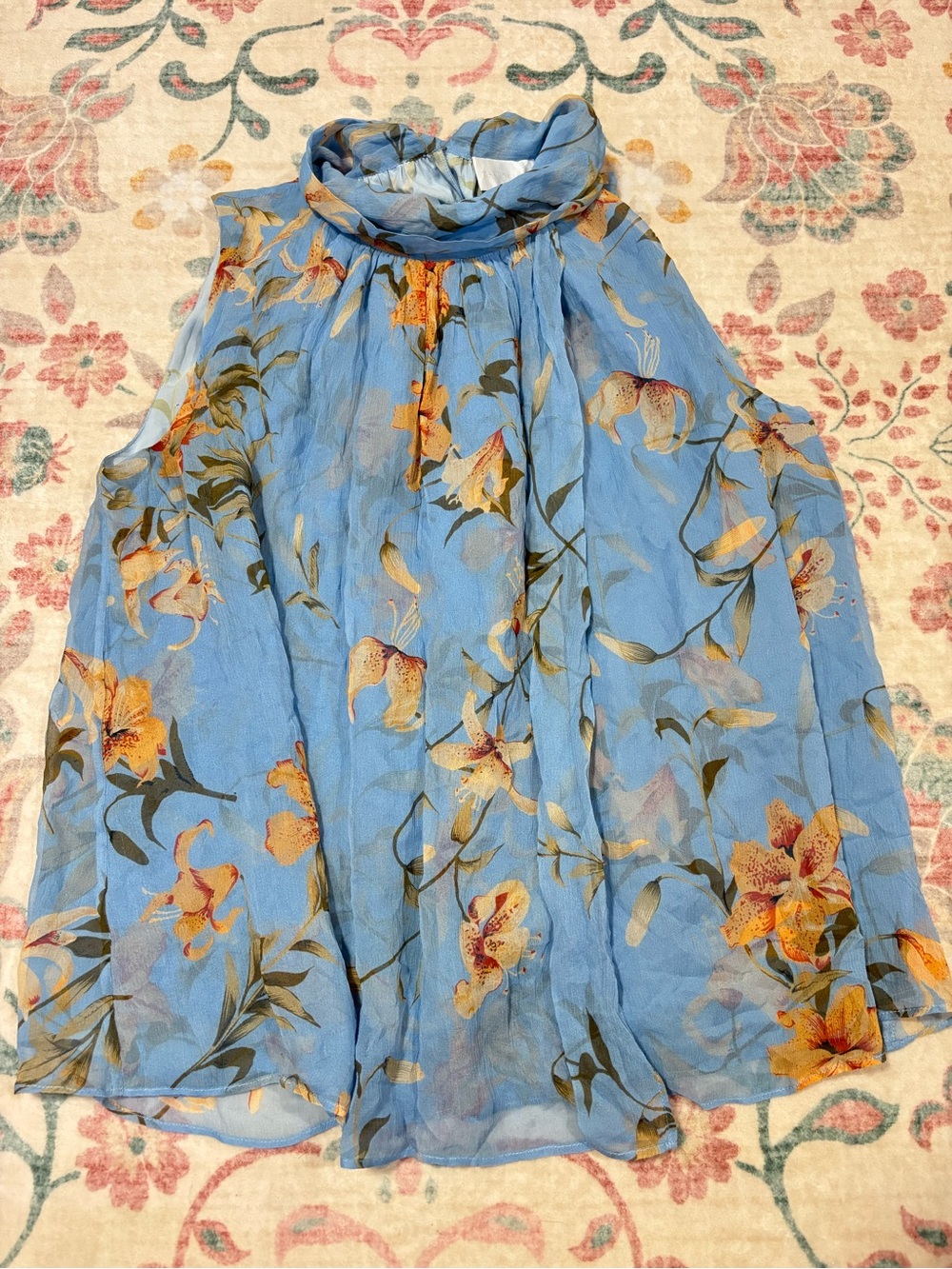 Christy Lynn High-Neck Floral Chiffon Camisole in Sky Blue